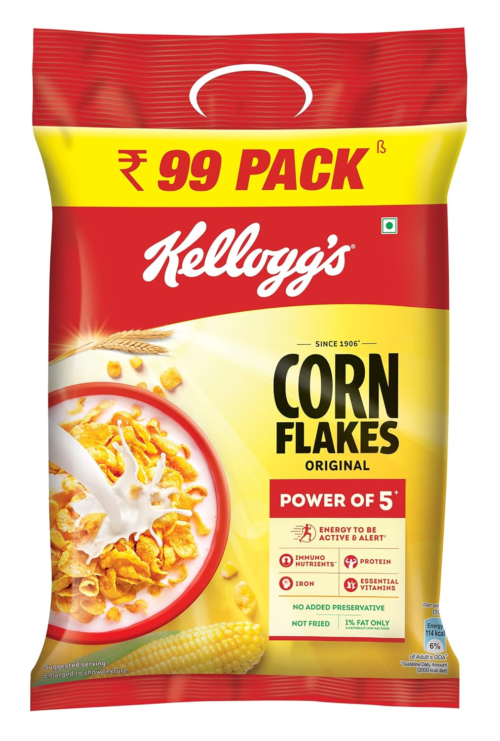 Kellogg's Corn Flakes Original, Power Of 5: Energy, Protein, Iron, Calcium, Vitamins B1, B2, B3 & C, Cornflakes, Breakfast Cereal, 275G