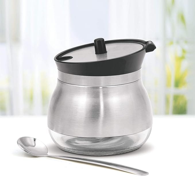 Ghee Dani Stainless Steel Ghee and Oil Pot, Storage Container with Spoon 270 ml, Multipurpose Servings jar, Silver for Kitchen & Dining