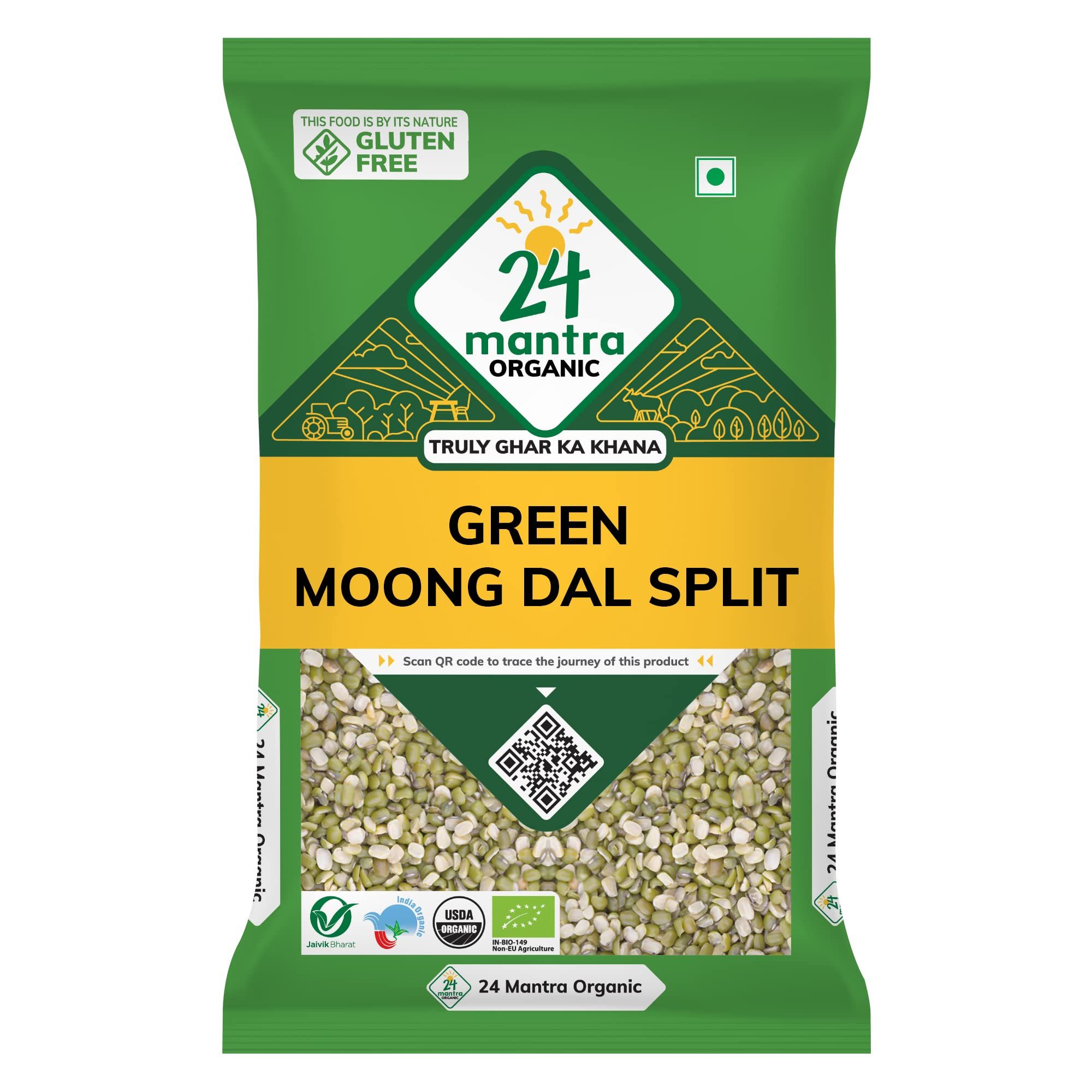 24 Mantra Organic Unpolished Green Moong Dal Split/Hari Moong Dal Split/Green Gram, 500Gms, 100% Organic, Chemical Free & Pesticides Free, Tastier & Rich Flavour