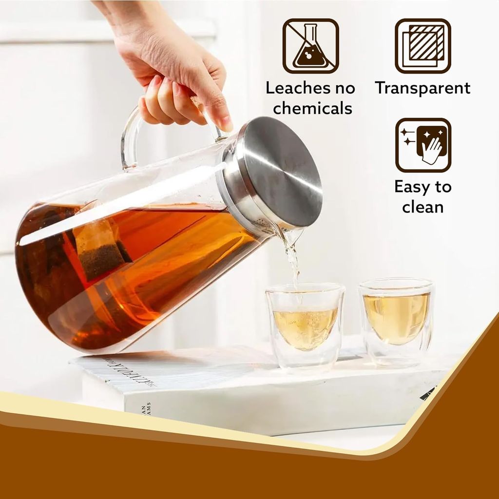 Elite Borosilicate Water Jug 1.8 Litre, Stainless Steel Air Tight Lid,Iced Tea Pitcher, Water Jug, Hot Cold Water, Milk and Juice Beverage Carafes