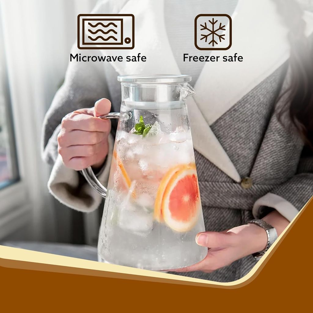 Elite Borosilicate Water Jug 1.8 Litre, Stainless Steel Air Tight Lid,Iced Tea Pitcher, Water Jug, Hot Cold Water, Milk and Juice Beverage Carafes