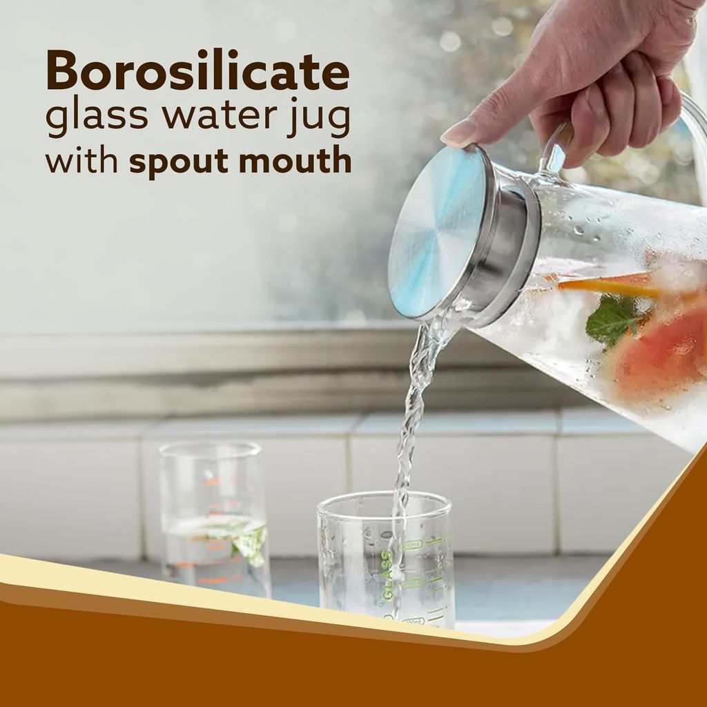 Elite Borosilicate Water Jug 1.8 Litre, Stainless Steel Air Tight Lid,Iced Tea Pitcher, Water Jug, Hot Cold Water, Milk and Juice Beverage Carafes