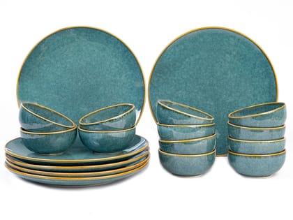 Rustic Blue Ceramic Dinnerware Set - 18 Piece Set Includes Plates and Bowls
