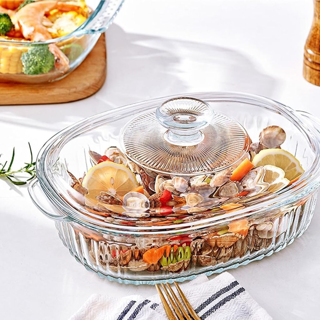 Glass Casserole Dish with Lid 1.5L Glass Baking Dishes Heat/Cold Resistant Large Casserole Dish with Handles Oval Shaped Casserole Dishes for Oven Microwave Safe, Glass Baking Dishes For Oven