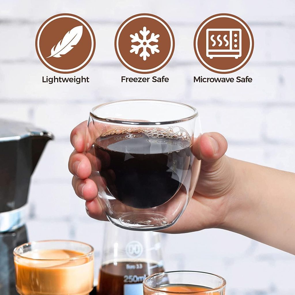 Double Wall Glass Coffee Cups - Glass Double Layer Tea & Coffee Cup Double Walled Glass Mugs for hot & Cold Drinks Coffee Tea Milk cappuchino Juice (250ML Glass, 2 Pieces)