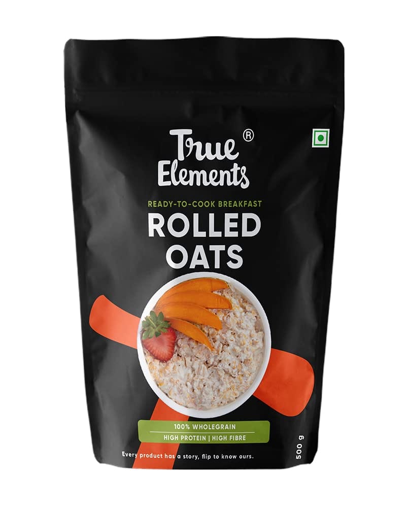 True Elements Rolled Oats 100% Wholegrain Breakfast, Gluten Free Oats, Diet Food For Weight Loss, 500G