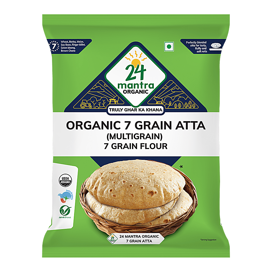 24 Mantra Organic 7 Grain Atta 1 Kg, Low G.I & Diabetic Friendly, Diabetic Nutritonist Recommended, Goodness Of 7 Grains, Wheat, Jowar, Ragi, Maize, Mungbean, Barley & Soyabean, Certified Organic