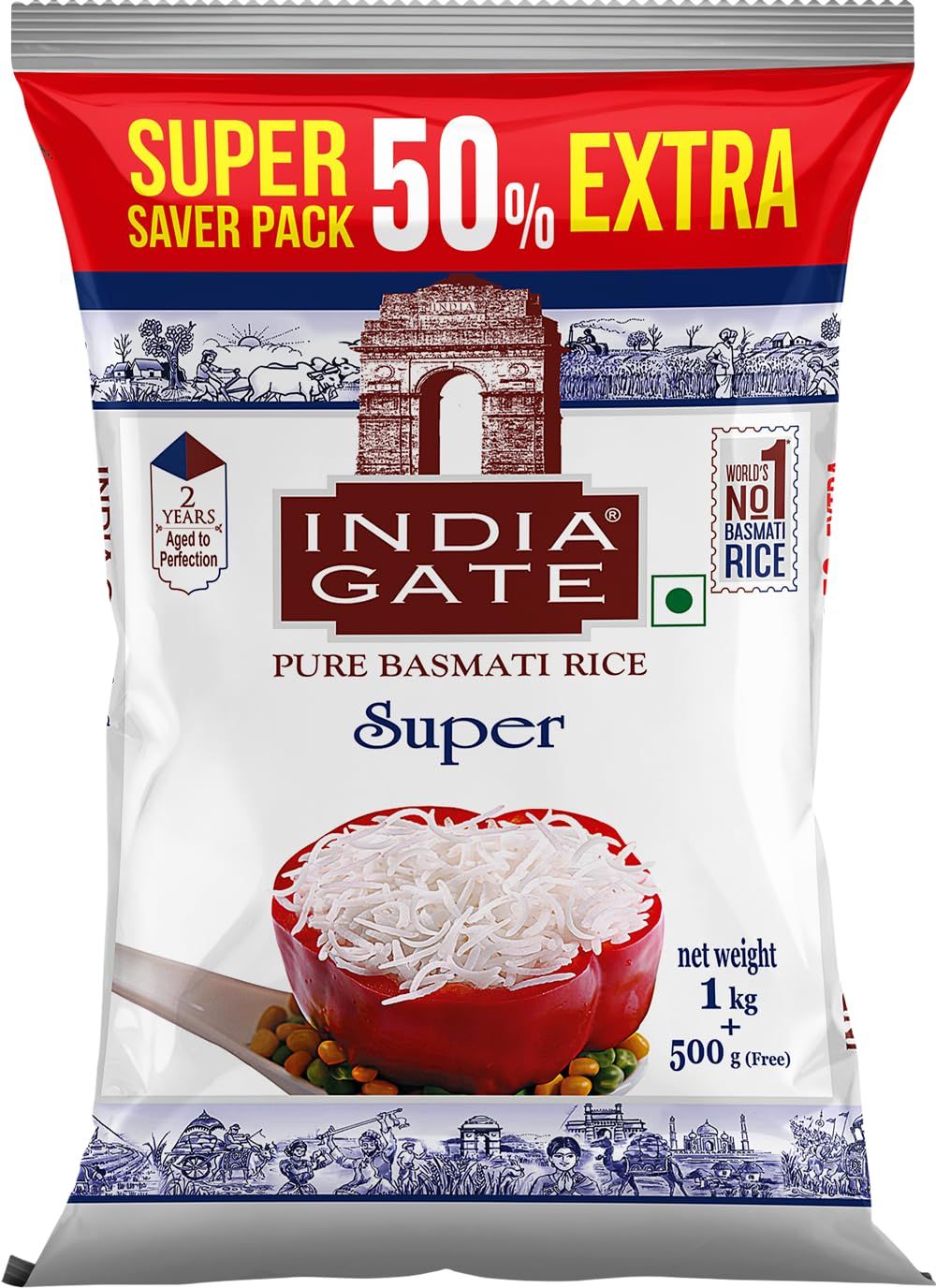 India Gate Basmati Rice Super, 1Kg (With Free 500G)