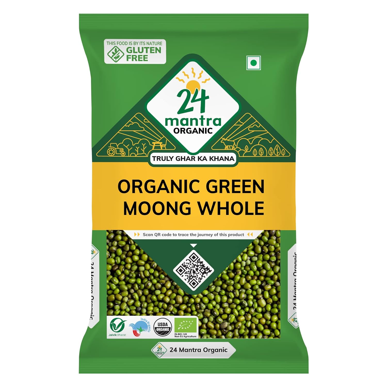 24 Mantra Organic Unpolished Green Moong Whole/Hari Moong/Pesara Pappu, 500 G (Pack Of 1)