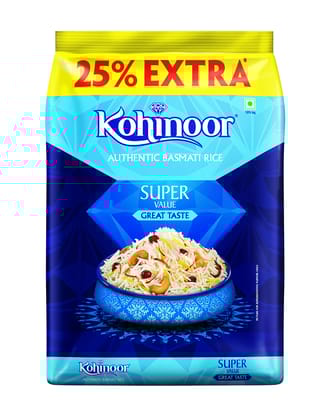 Kohinoor Super Value Basmati Rice, 1 Kg + 25% Extra, Authentic Basmati Rice