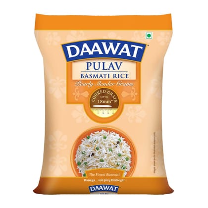 Daawat Pulav Basmati Rice 5Kg, Pearly Slender Grains, Cooked Grain Upto 18Mm*, Long & Fluffy Pulav Rice
