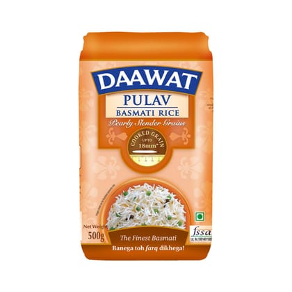 Daawat Pulav Basmati Rice, 500G, Pearly Slender Grains, Cooked Grain Upto 18Mm*, Long & Fluffy Pulav Rice
