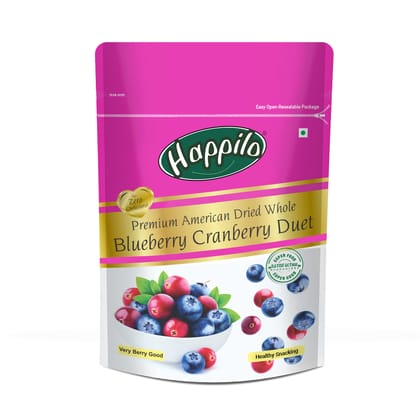 Happilo Premium American Dried Whole Blueberry Cranberry Duet, 200 G Pack, Dried Cranberries & Blueberries Mix, 100% Organic Natural Real Dried Berries, Low Calorie Snack