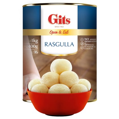 Gits Open & Eat Rasgulla Tin, 16 Pieces Per Can, Mouth, Watering Indian Mithai, 1Kg
