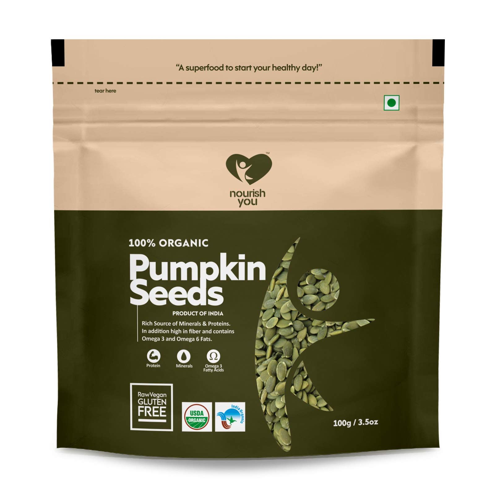 Nourish You Pumpkin Seeds, 100G, 100% Organic Raw Pumpkin Seeds For Eating, Immunity Booster And Protein Rich Seeds, Healthy Diet Snacks, Weight Management, Rich In Fibre