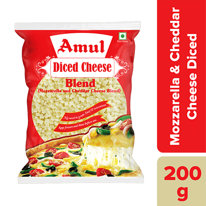 Amul Pizza Cheese Diced, Mozzarella & Cheddar Blend, 200 G Pouch