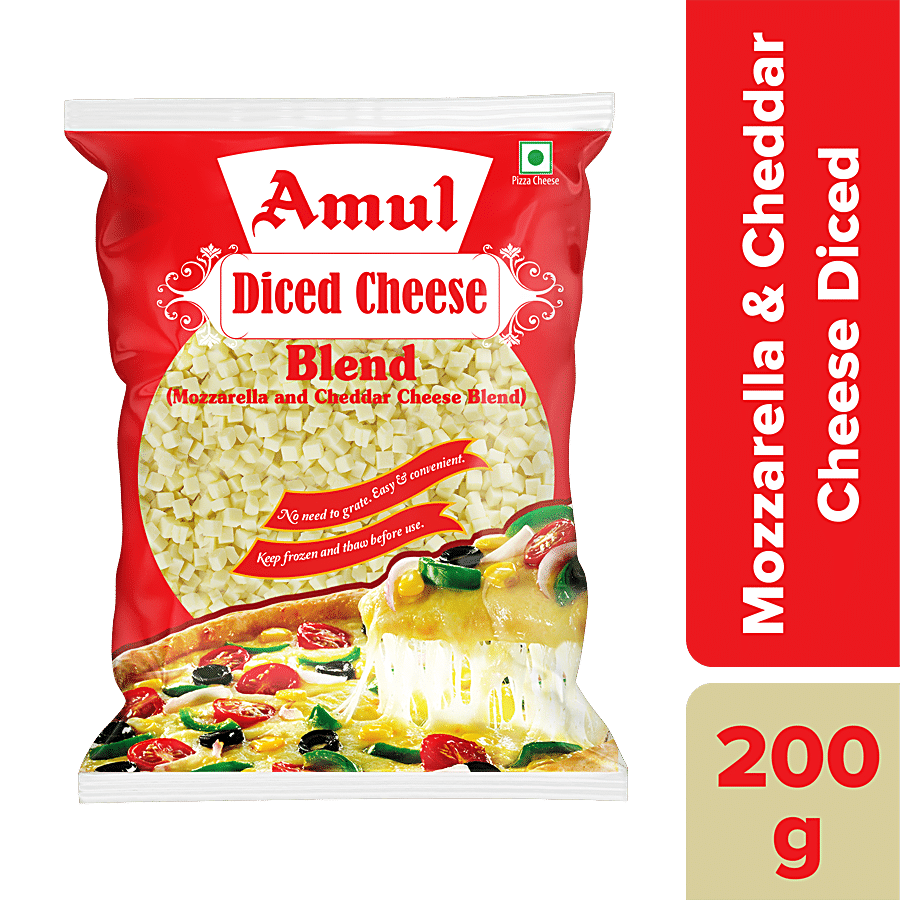 Amul Pizza Cheese Diced, Mozzarella & Cheddar Blend, 200 G Pouch