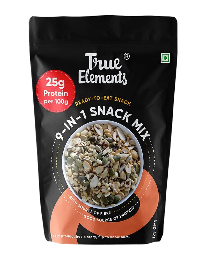 True Elements 9 In 1 Snack Mix, Mix Of Pumpkin, Watermelon, Flax, Chia, Sunflower, Peanuts, Soynuts, Almonds, Cashew Nuts, 125 G