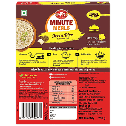Mtr Ready To Eat, Jeera Rice, 250 G Carton