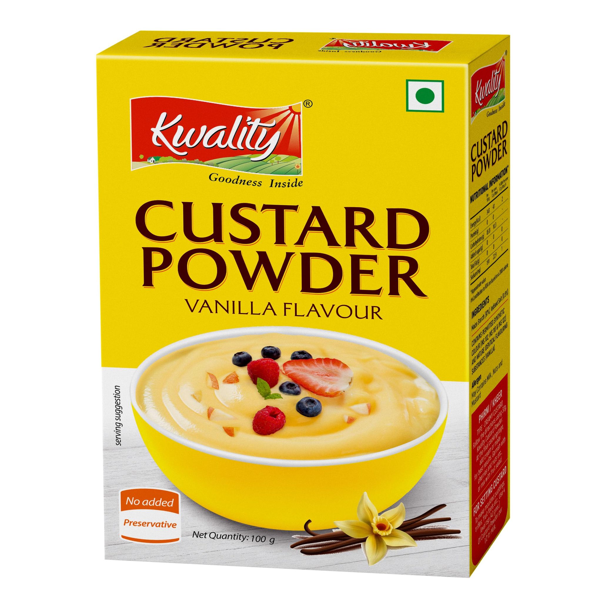 Kwality Kwality Custard Powder Vanilla, 100G (Pack1), Vanilla Flavor, Smooth & Creamy Custard, Quality Ingredients, Best For Fruit Salads |