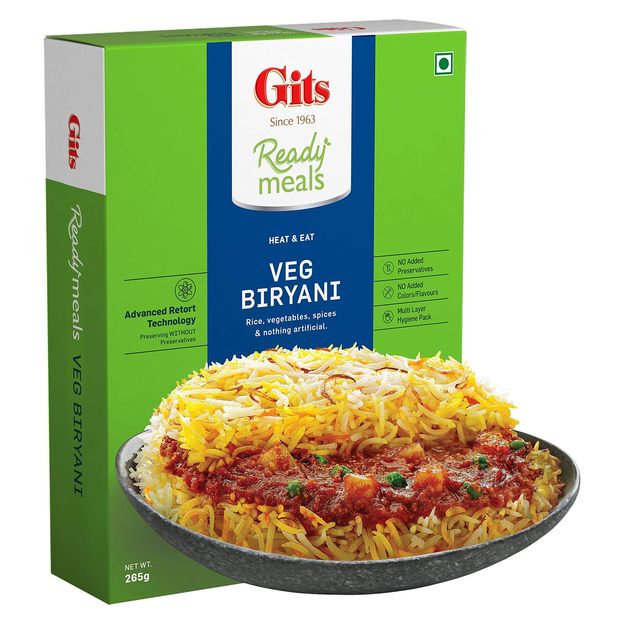 Gits Ready To Eat Veg Biryani, Layered Rice Dish, Pure Veg, Heat And Eat, Microwaveable, 265G