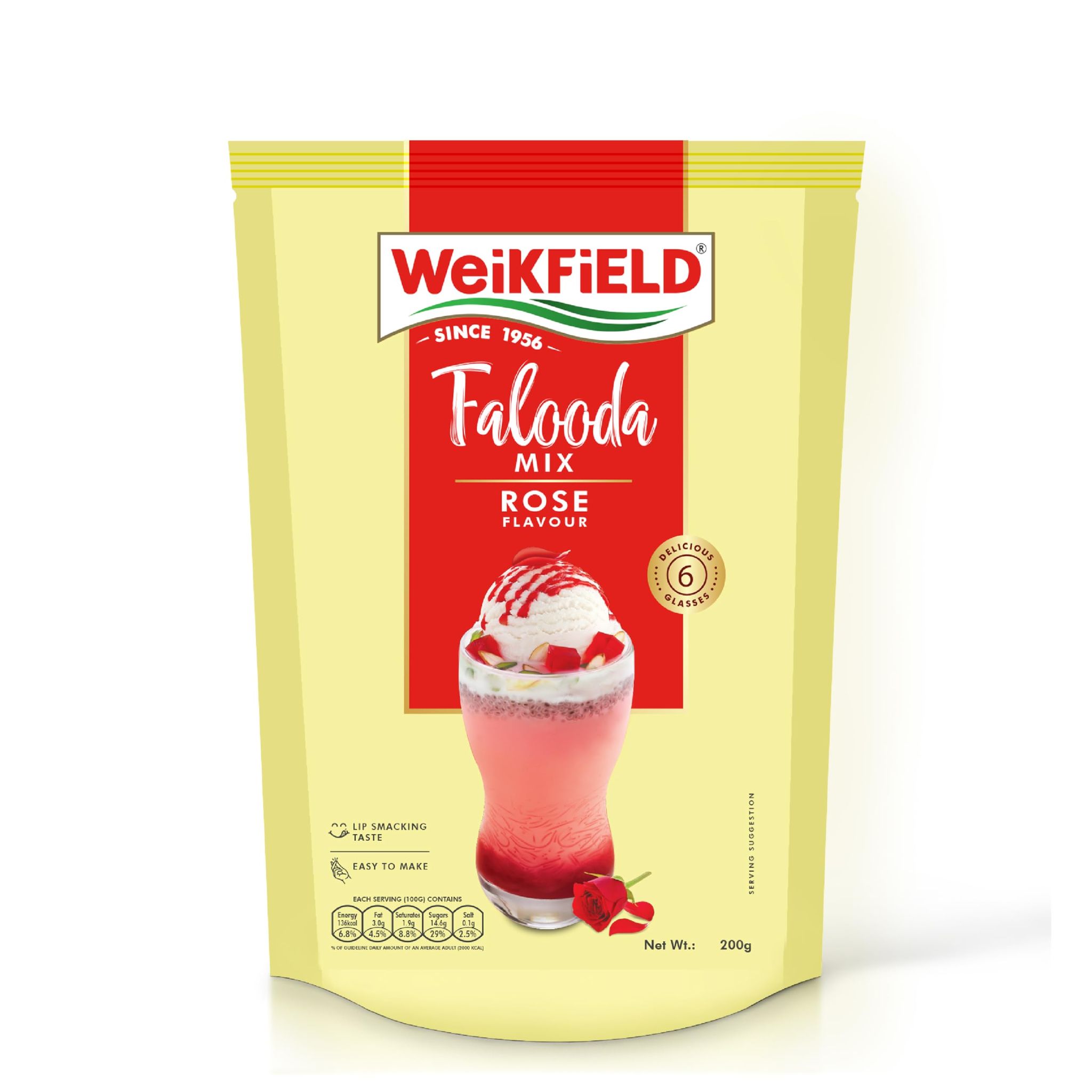 Weikfield Falooda Mix, Rose Mix, Rich, Smooth & Creamy Texture, Delicious & Refreshing Taste, Instant Falooda Mix, 200 G Pouch