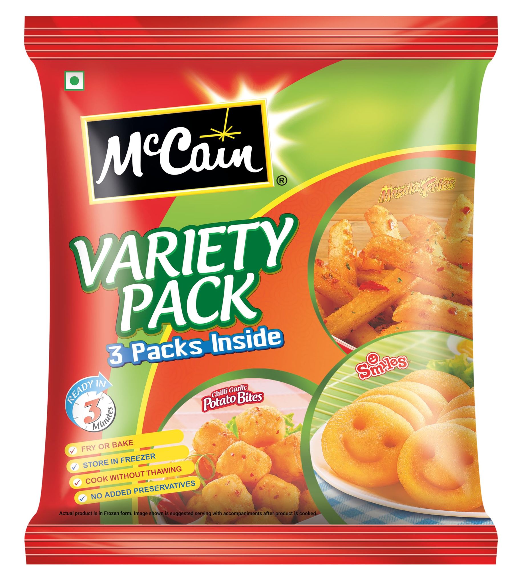 Mccain Variety Smiles, Chilly, Garlic, Bytes And Masala Fries Trial Pack, 550 G