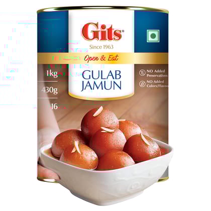 Gits Open & Eat Gulab Jamun Tin, 16 Pieces Per Can, Mouth, Watering Indian Mithai, 1Kg
