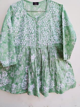 WOMEN CHIKANKARI HAND EMBROIDERED COTTON MALMAL FLARED SHORT SEA GREEN KURTI/TOP WOMEN CHIKANKARI HAND EMBROIDERED COTTON MALMAL FLARED SHORT SEA GREEN KURTI/TOP