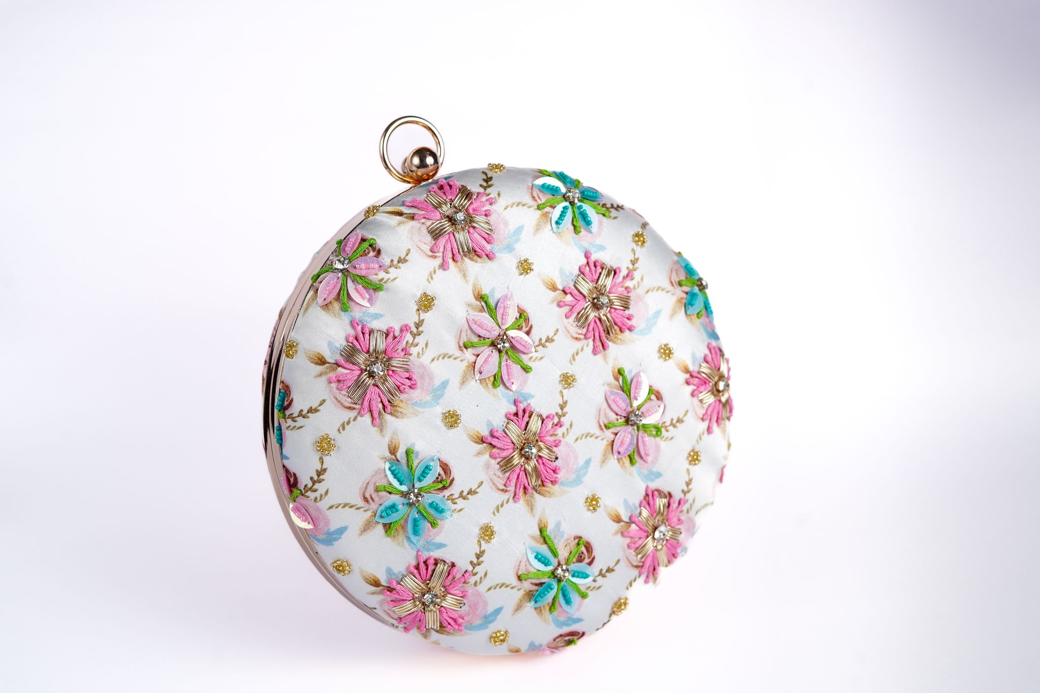 White with Multi Color hand embroidered Round Clutch cum Sling bag