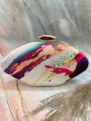 Multicolor digital printed  oval shape hand clutch cum sling bag