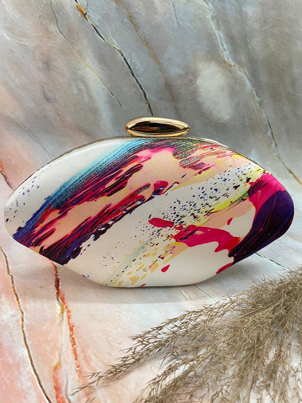 Multicolor digital printed oval shape hand clutch cum sling bag
