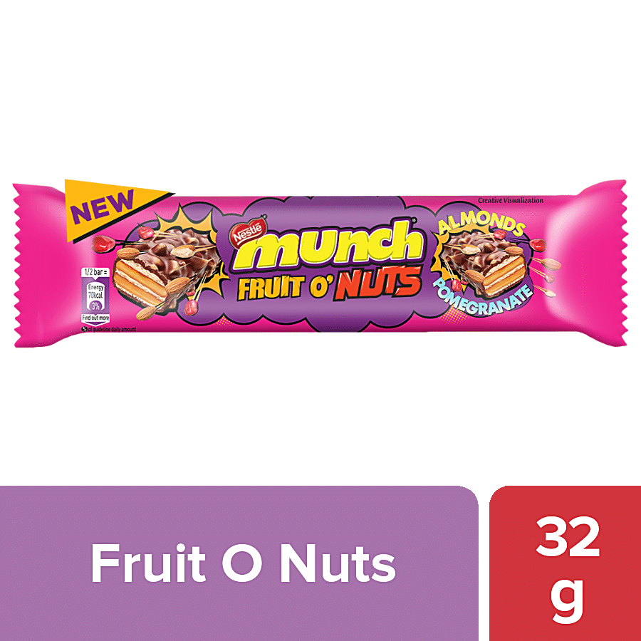 Nestle Munch, Fruit O' Nuts Chocolate Coated Crunchy Wafer Bar, Almond & Pomegranate, 32 G