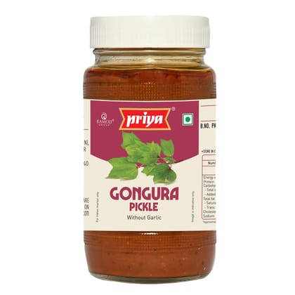 Priya Gongura Pickle Without Garlic, 500G, Authentic Telugu Style Achar Homemade Andhra Pickles With Tamarind Paste, Gongura Leaves & Mixed Spices, Glass Jar