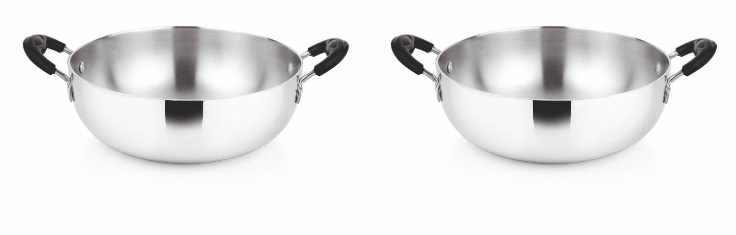 Set of 2 Stainless Steel Kadhai with Black Handles - 1.5 Litre and 2 Litre