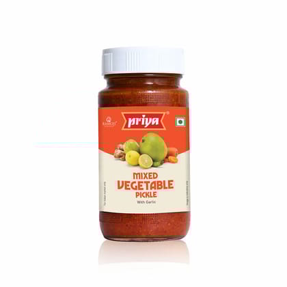 Priya Mixed Vegetable Pickle With Garlic, 300G, Authentic Telugu Style Mixed Achar Homemade Andhra Pickles With Tamarind Paste And Mixed Spices, Glass Jar