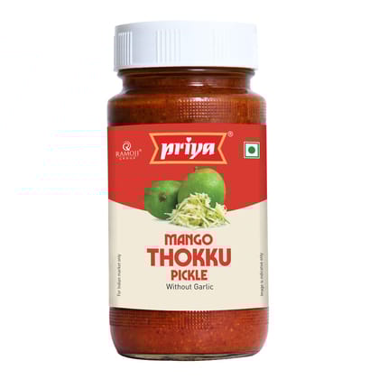 Priya Mango Thokku Pickle Without Garlic, 300G, Authentic Telugu Style Aam Achar Homemade Andhra Pickles With Grated Mangoes And Mixed Spices, Glass Jar