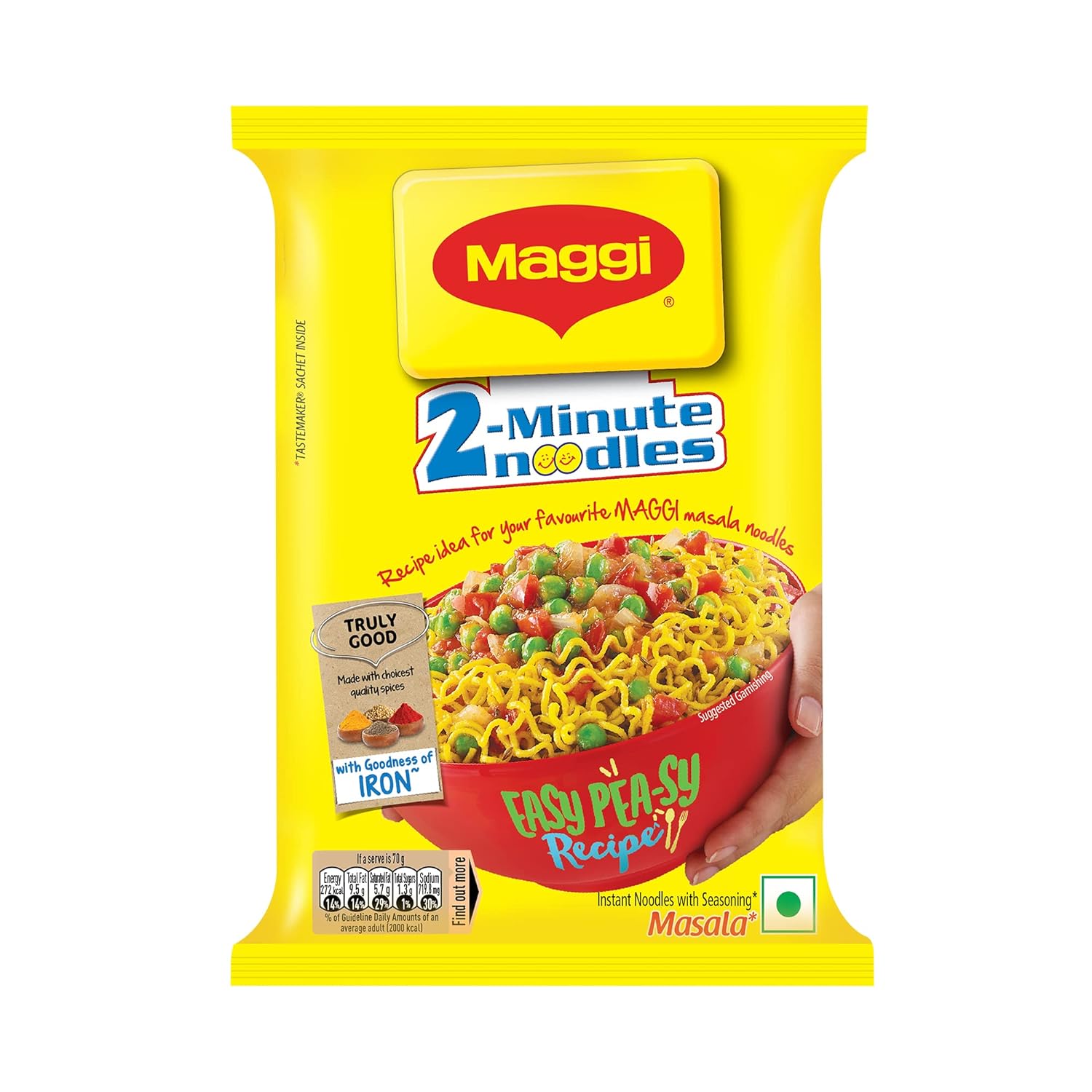 Maggi 2, Minute Instant Noodles, Masala Noodles With Goodness Of Iron, Made With Choicest Quality Spices, Favourite Masala Taste, 70G Pouch