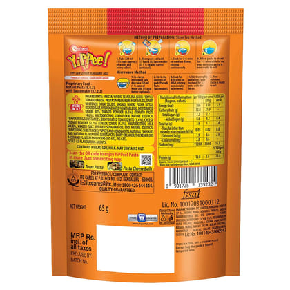 Sunfeast Yippee! Vegetarian Pasta Treat, Cheesy And Soft Suji, Rawa Pasta, Tomato Cheese, 65 Grams Pack