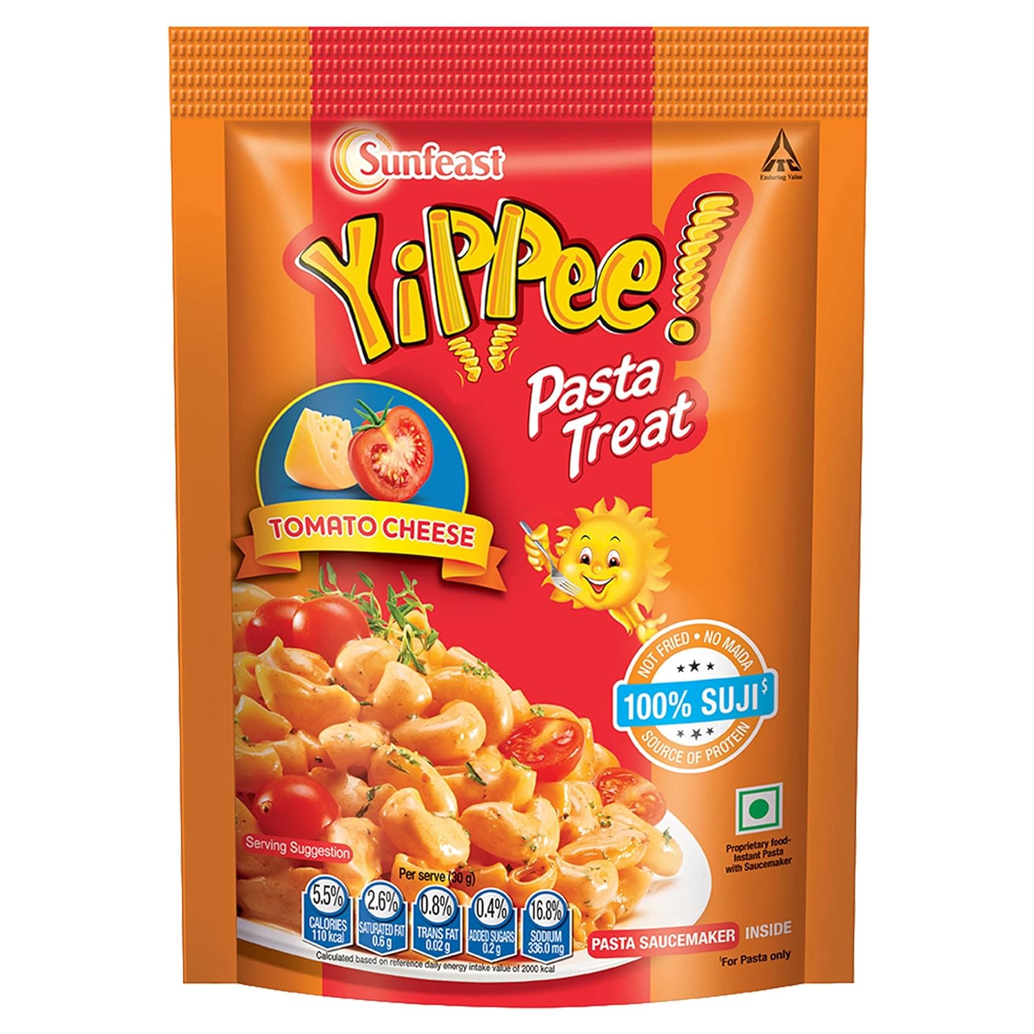 Sunfeast Yippee! Vegetarian Pasta Treat, Cheesy And Soft Suji, Rawa Pasta, Tomato Cheese, 65 Grams Pack