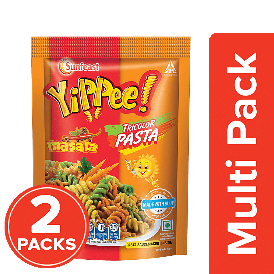 Sunfeast Yippee! Tricolor Pasta, Soft & Tasty Suji/Rawa, Masala, 2X65 G (Pack of 2)
