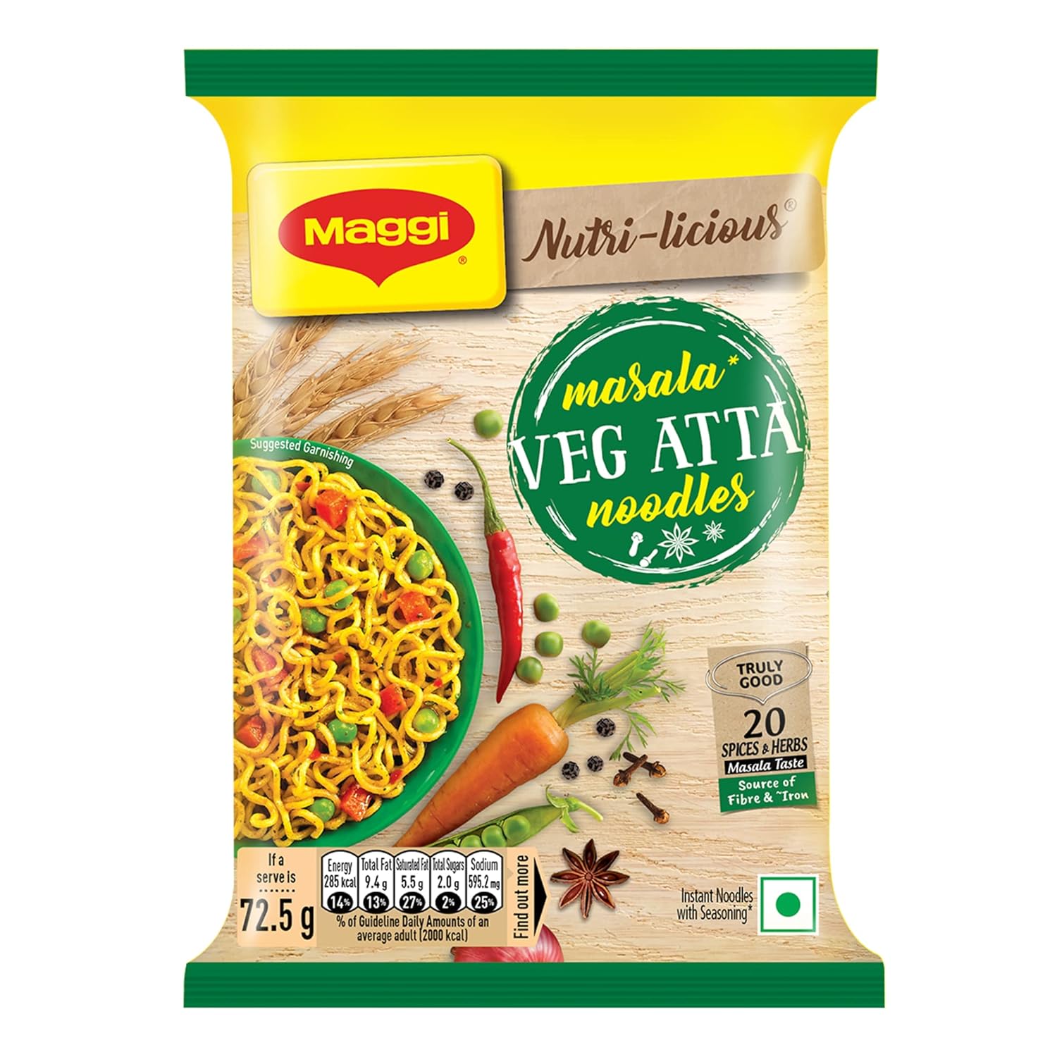Nestle Maggi Nutri, Licious Masala Veg Atta Noodles, 72.5G Pouch