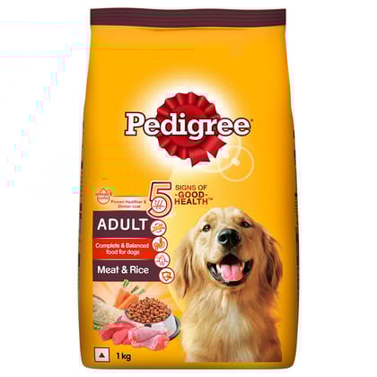 Pedigree Adult Dry Dog Food, Meat & Rice Flavour, 1 Kg Pack, Complete And Balanced Nutrition For Dogs