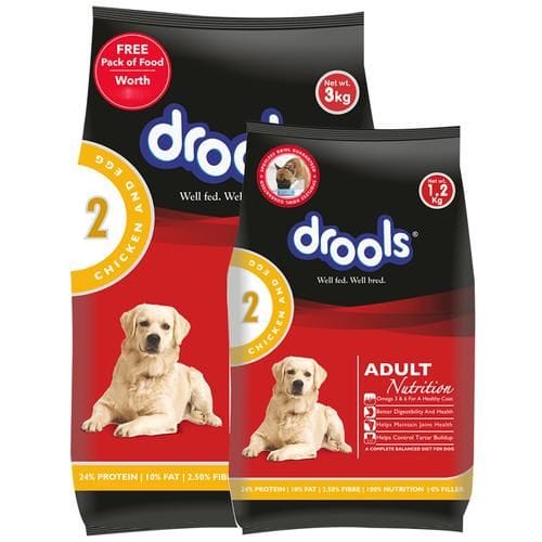 Drools Chicken & Egg Adult Dog Dry Food, 3 Kg (Get Free 1.2 Kg)