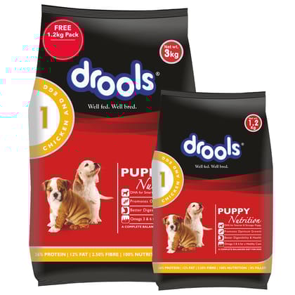 Drools Puppy Dry Dog Food Chicken And Egg, 3Kg With Free 1.2Kg, Total, 4.2 Kg Pack
