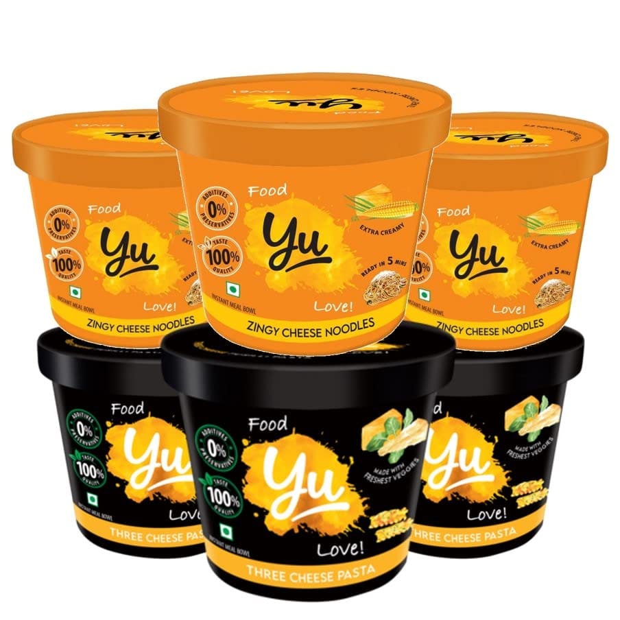 Yu Foodlabs Cup Noodles & Pasta, Cheesy Combo, 3 Zingy Cheese Noodles + 3 Three Cheese Pasta, No Preservatives, Pack Of 6, Instant Food, 100% Natural & Veg, Ready To Eat Instant Noodles, 1275G, Yu