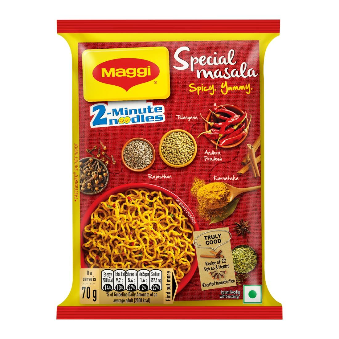 Maggi 2, Minute Vegetarian Special Masala Instant Noodles, 70 Gram