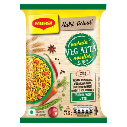 Maggi Nutri, Licious Veg Atta Masala Noodles, Instant Noodles With 20 Spices & Herbs, Source Of Fibre & Iron, Atta Noodles With Appetizing Aroma & Delicious Taste, 72.5 Grams