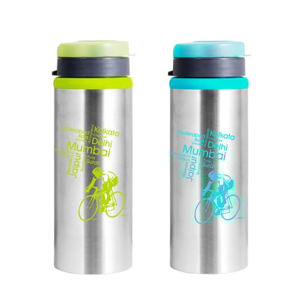 Nanonine Sprint Single Wall Flip Top Stainless Steel Water Bottle, 600 Ml, Set Of 2, Assorted Colour