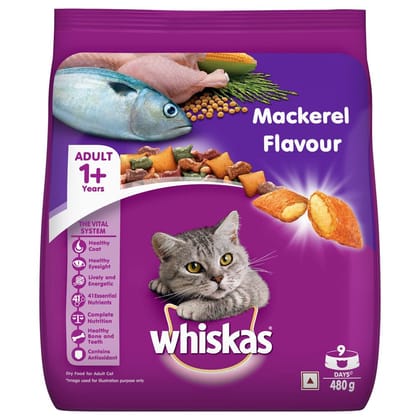 Whiskas Adult (+1 Year) Dry Cat Food, Mackerel Flavour, 480G Pack